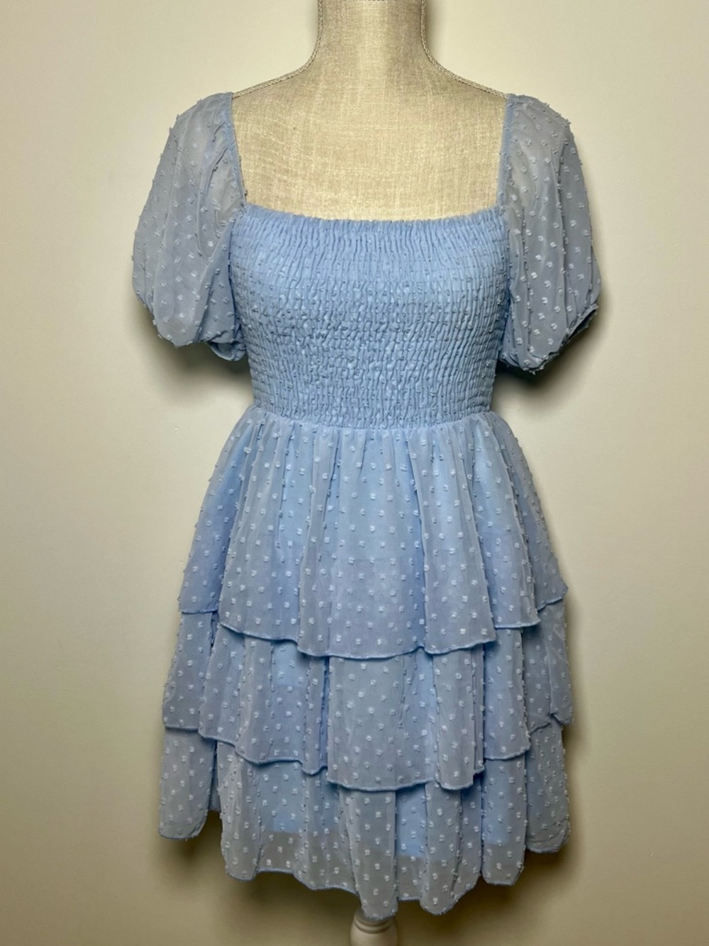 Altar'd State Light Blue Smocked Tiered Swiss Dot Mini Dress